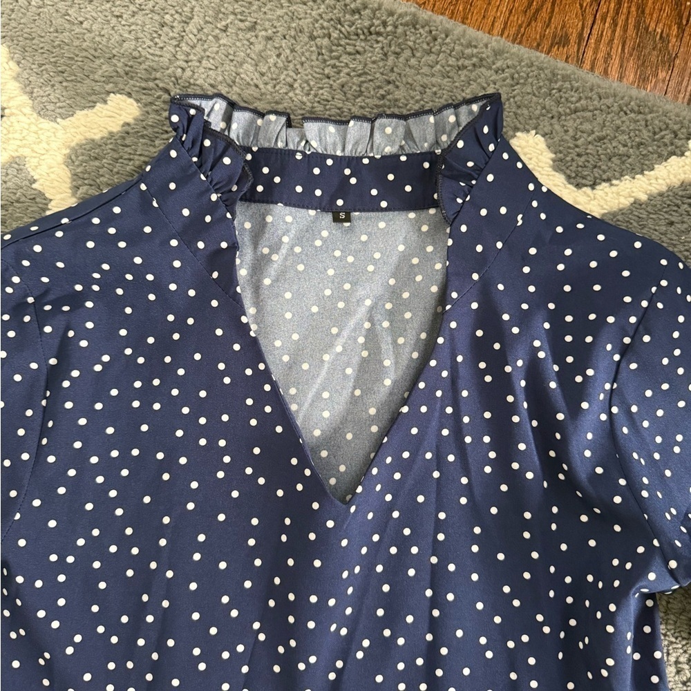 SHEIN Navy/White Polka Dot Print Flounce Sleeve Ruffle Hem Smock Dress - Picture 11 of 13